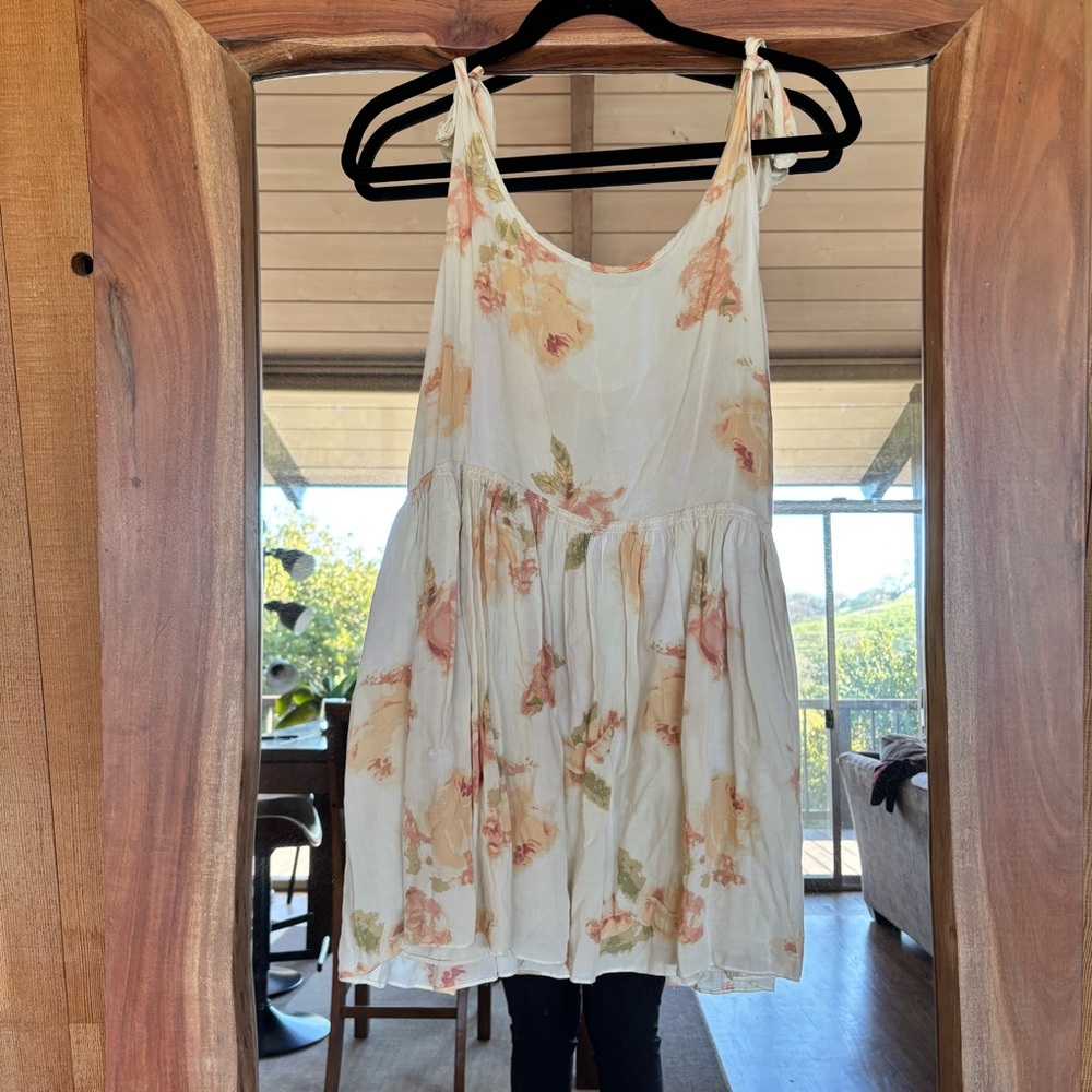 Urban Outfitters pale yellow shoulder tie floral mini dress button details